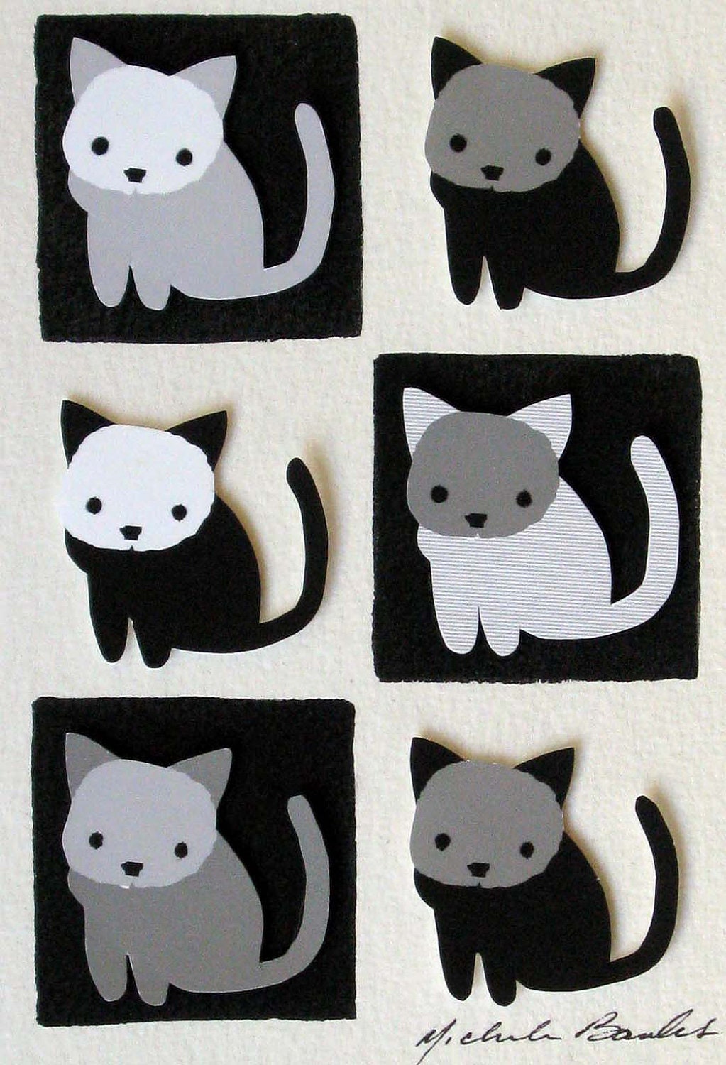 Cats 3D Collage - black white gray - watercolor kitty