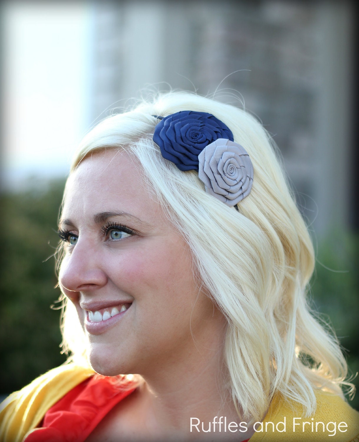 Navy and Silver Headband, Double Folded Rose for Women and Girls