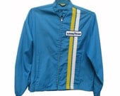 Vintage GoodYear Racing Stripe Jacket Mens Blue Cotton Hot Rod Zip Jacket size Medium