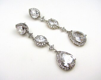 bridal wedding Clear white teardrop cubic zirconia on teardrop cz post earrings with four pedal cz connectors - Free US shipping