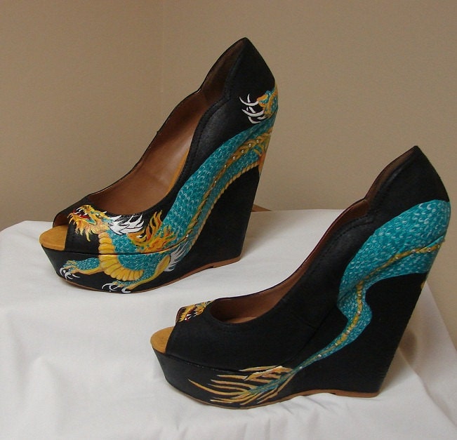 Hand painted Black peeptoe leather wedges.