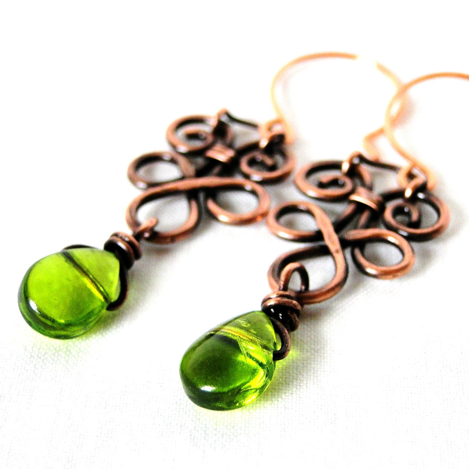 Wire Wrapped Jewelry, Copper Wire, Green Glass Drop Earrings