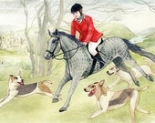 Pursue - hunting illustration animal print horse riding art dog foxhound nursery decor boys room man drawing nature landscape baby castle