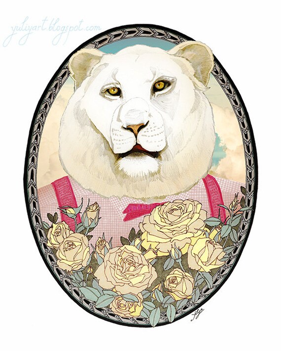 Lion and Roses - lion drawing print animal illustration nursery decor flower drawing baby shower gift wall art pastels pink mint cute cat