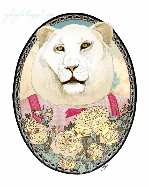 Lion and Roses - lion drawing print animal illustration nursery decor flower drawing baby shower gift wall art pastels pink mint cute cat
