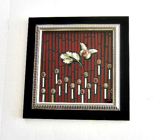 Butterfly art wall hanging mosaics red black and silver vintage jewelry art