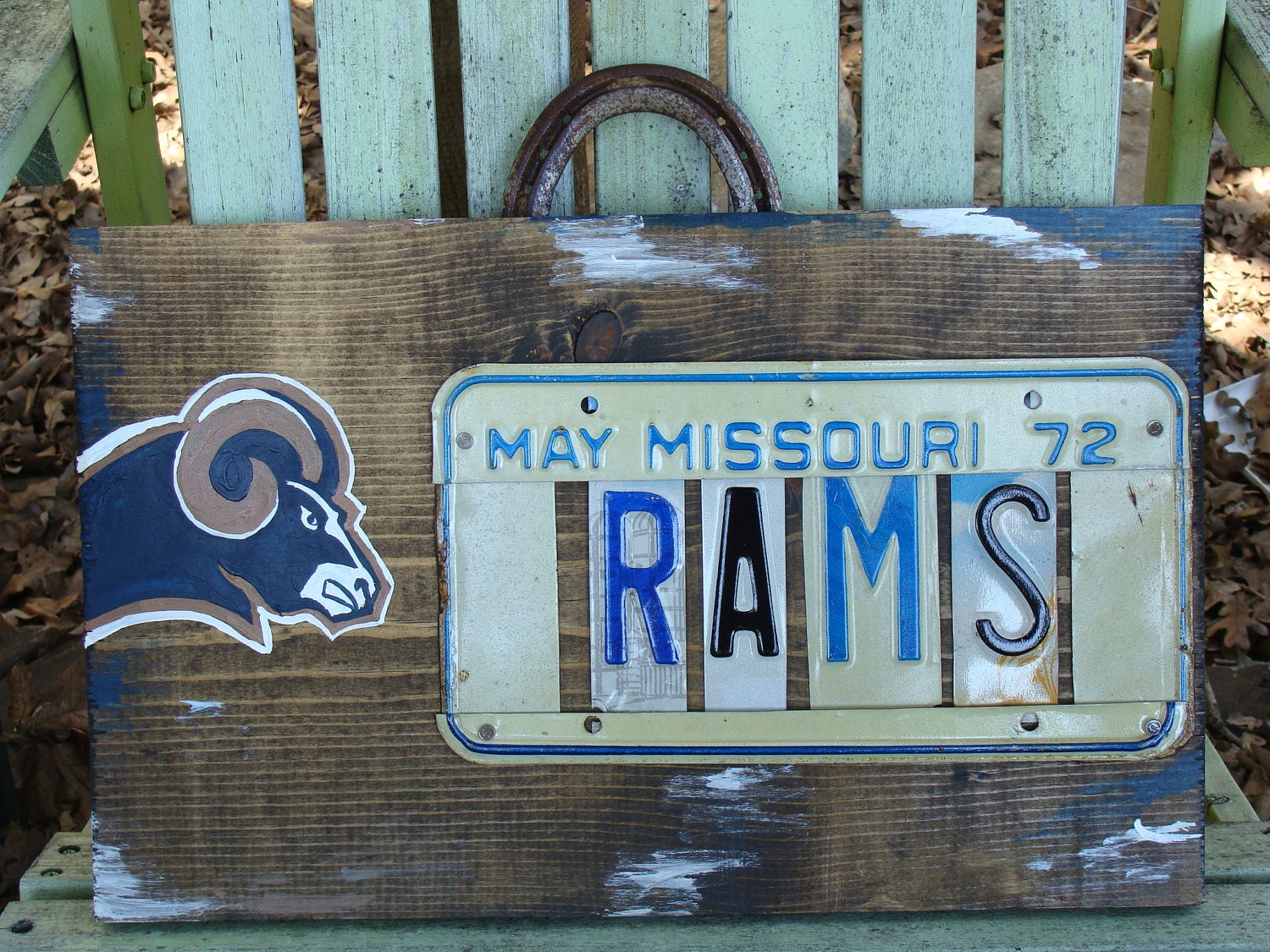 St Louis Rams License Plate Hand Painted Pine Wood Sign