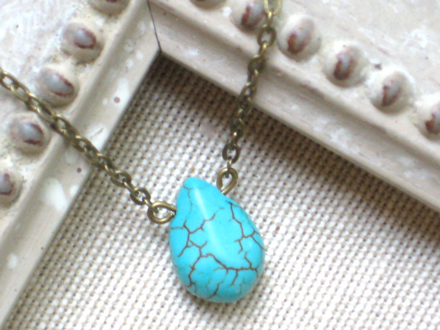 Tiny Turquoise Stone Tear Drop Necklace, Antique Gold Chain, Layering, Simple Pretty Everyday, Casual, Bohemian