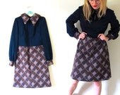 vintage 1960s Scooter Dress // Mod Geometric Print // Navy Blue and Brown // M