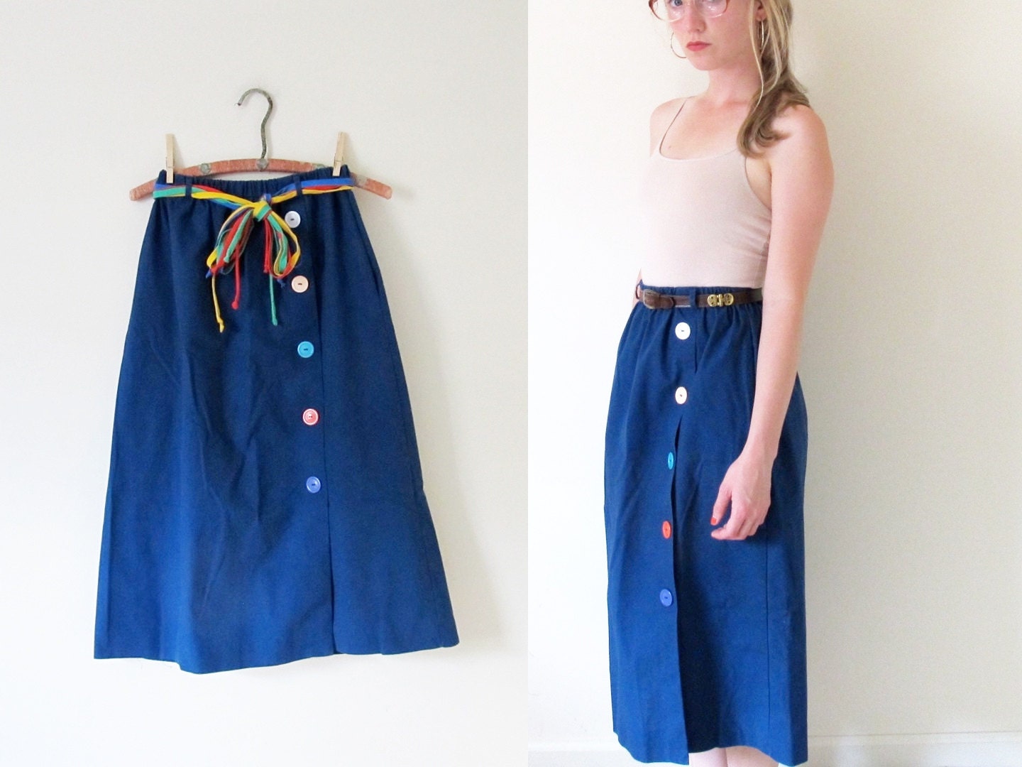 vintage 1980s Skirt // Rainbow Belt and Buttons // High Waisted // Navy Blue // M