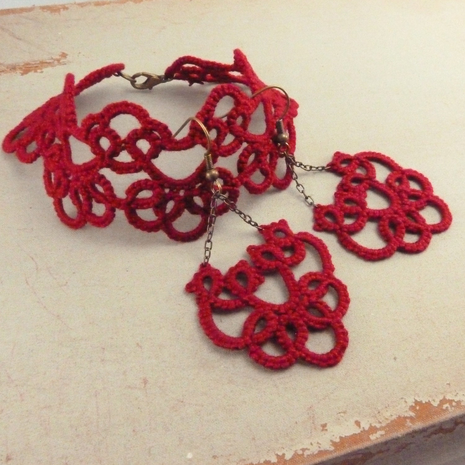 Modern oxblood burgundy bracelet / deep red lace bracelet / lace jewelry /
