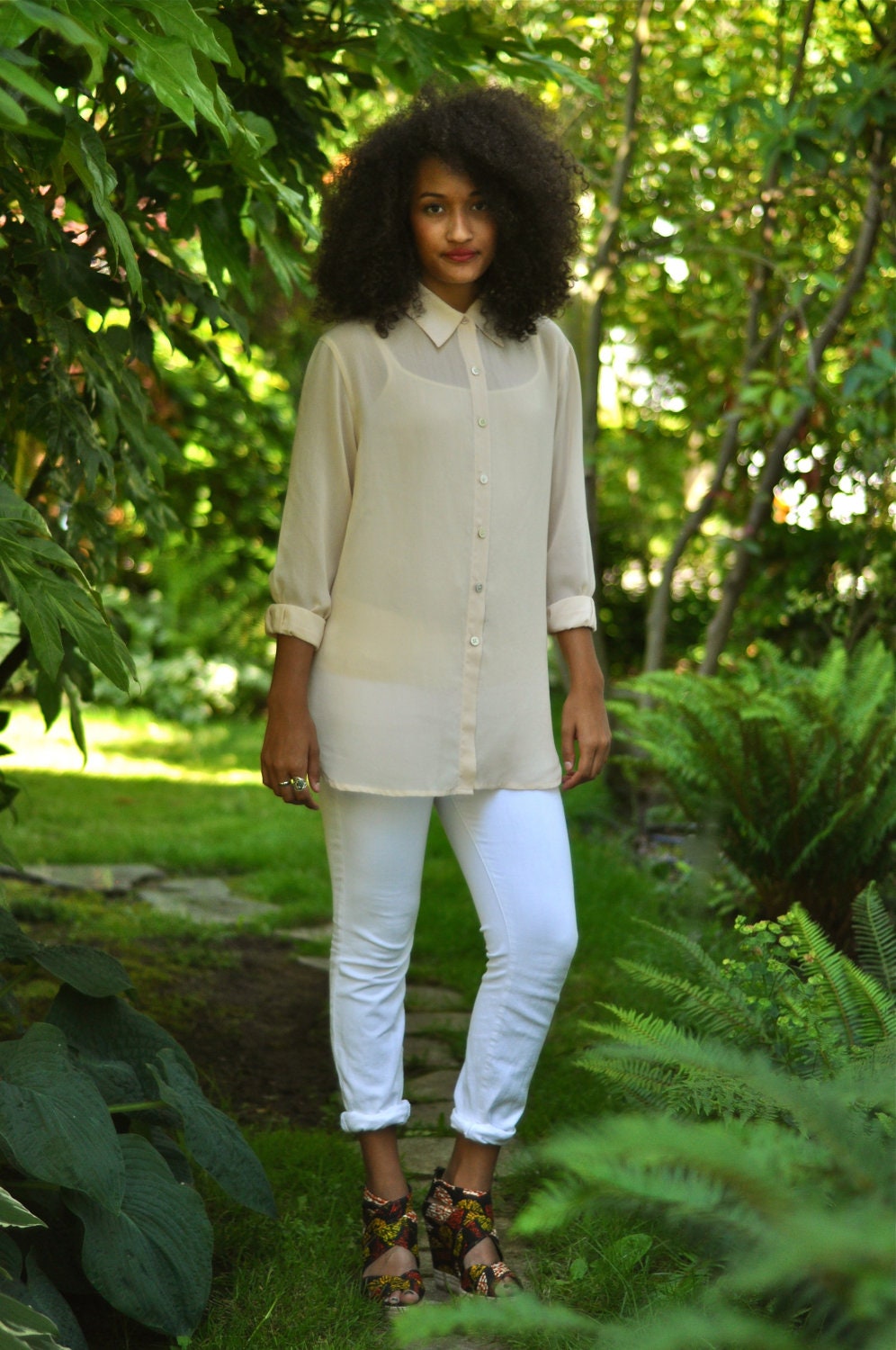 SALE  Sheer 90s Oversize Cream Blouse S/M