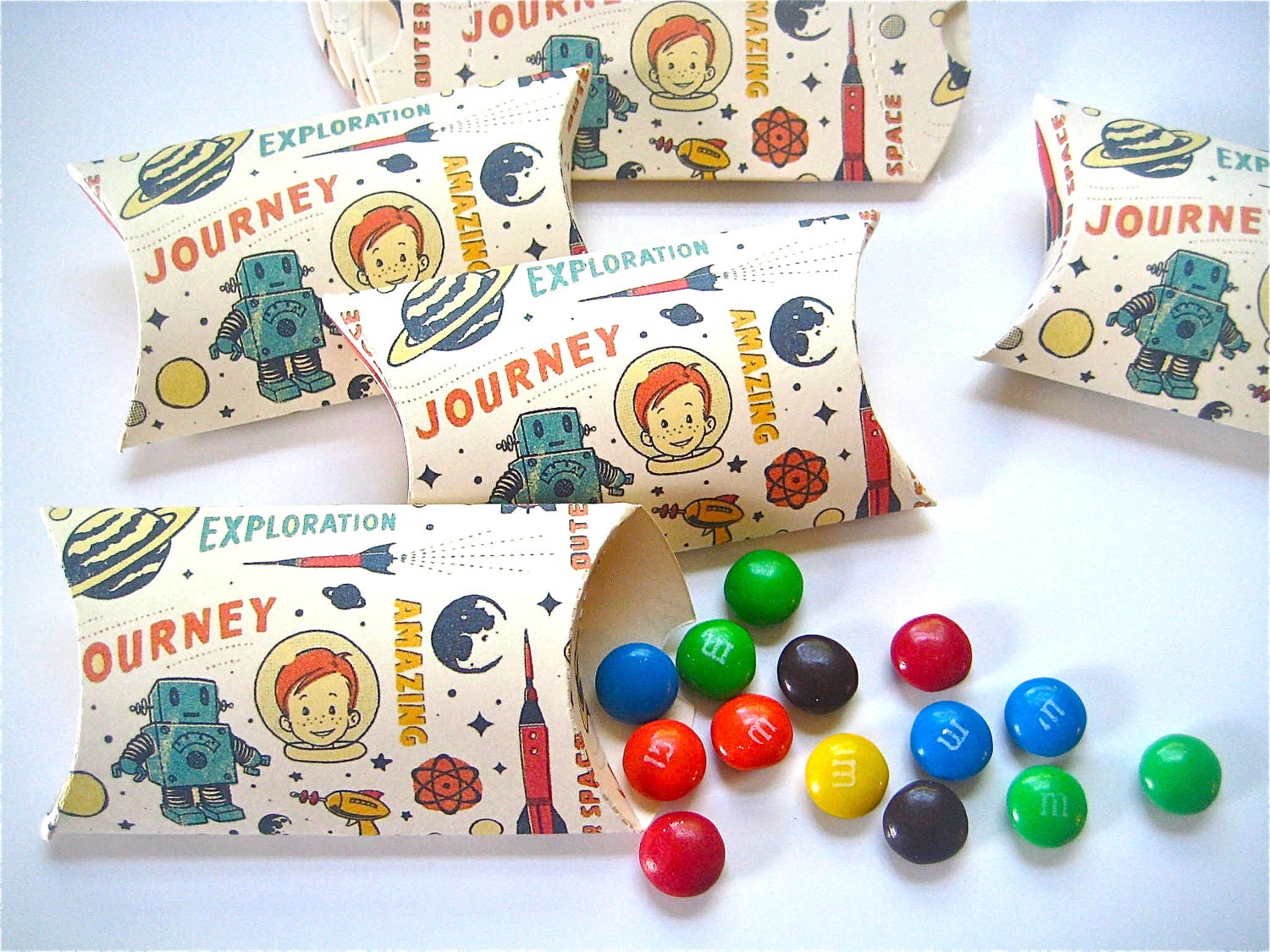 Pillow Boxes with Vintage/Retro Childrens Space Astronaut Robot Design, Set of 12