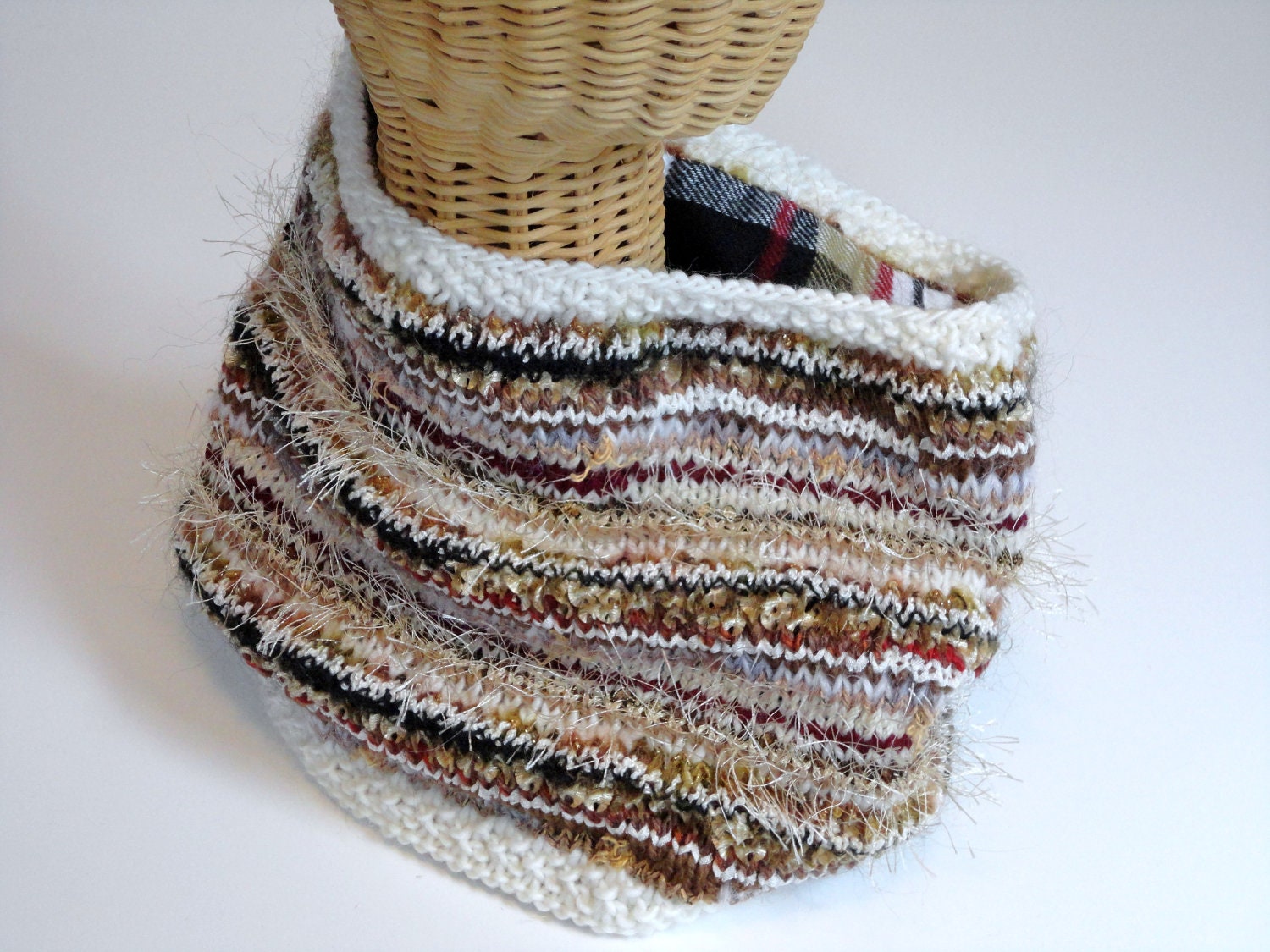 Cowl Knitted Cashmere Lined Reversible Black Brown Plaid