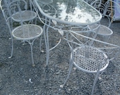 Salterini Wrought Iron Garden Set / Table and Six Chairs / Banana Leaf Pattern / Mesh Seats