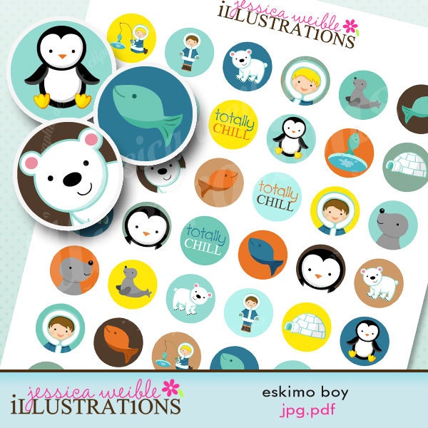 Eskimo Boy Theme Printable 1 inch Circle Collage Sheet, 1-inch Bottle Cap Circles, Digital File Il_570xn