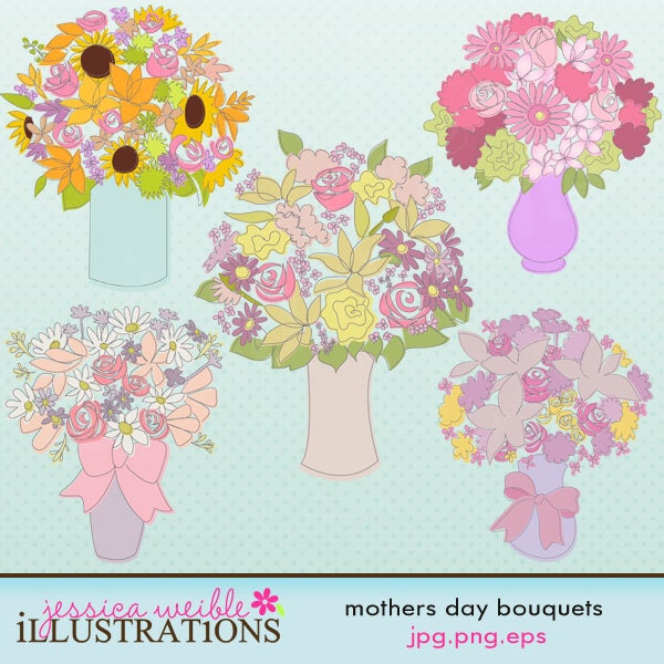 Mothers Day Bouquets, Flower Arrangement Cute Digital Clipart for Card Design, Scrapbooking, and Web Design Il_570xn
