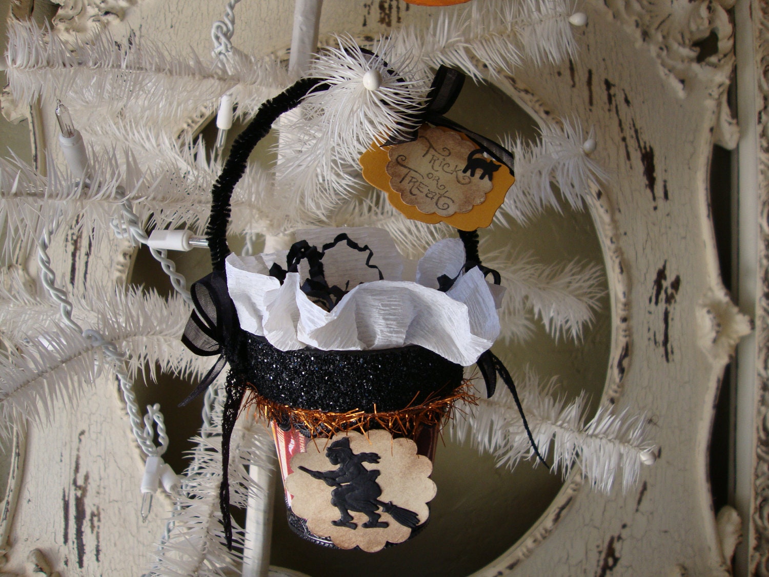 Halloween gift basket Trick or Treat gift box ornament orange and black embellished witch gift basket elegant candy gift basket