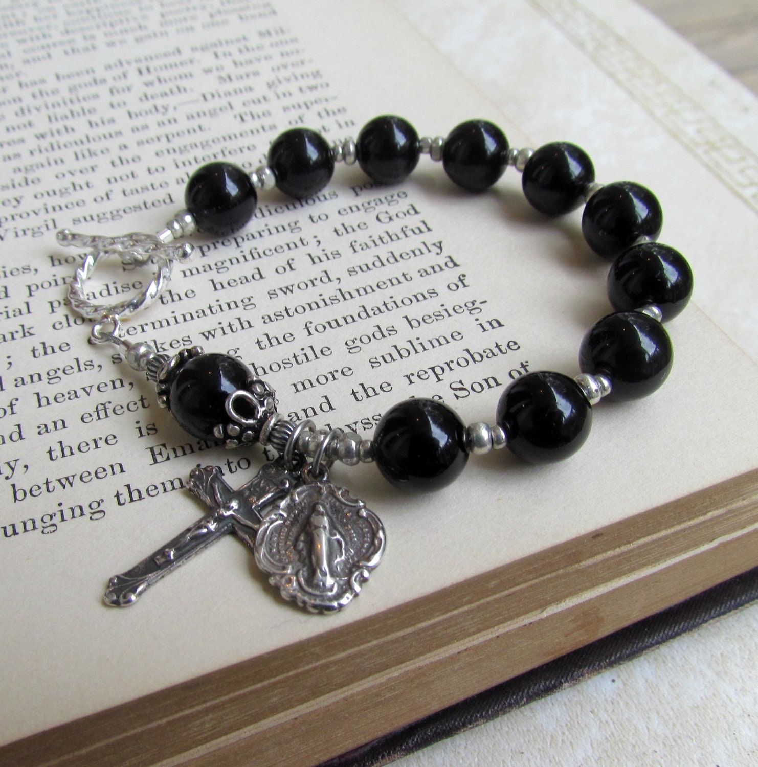 Sterling Silver Rosary Bracelet for men and women with Sterling Catholic medals Black Onyx gemstones