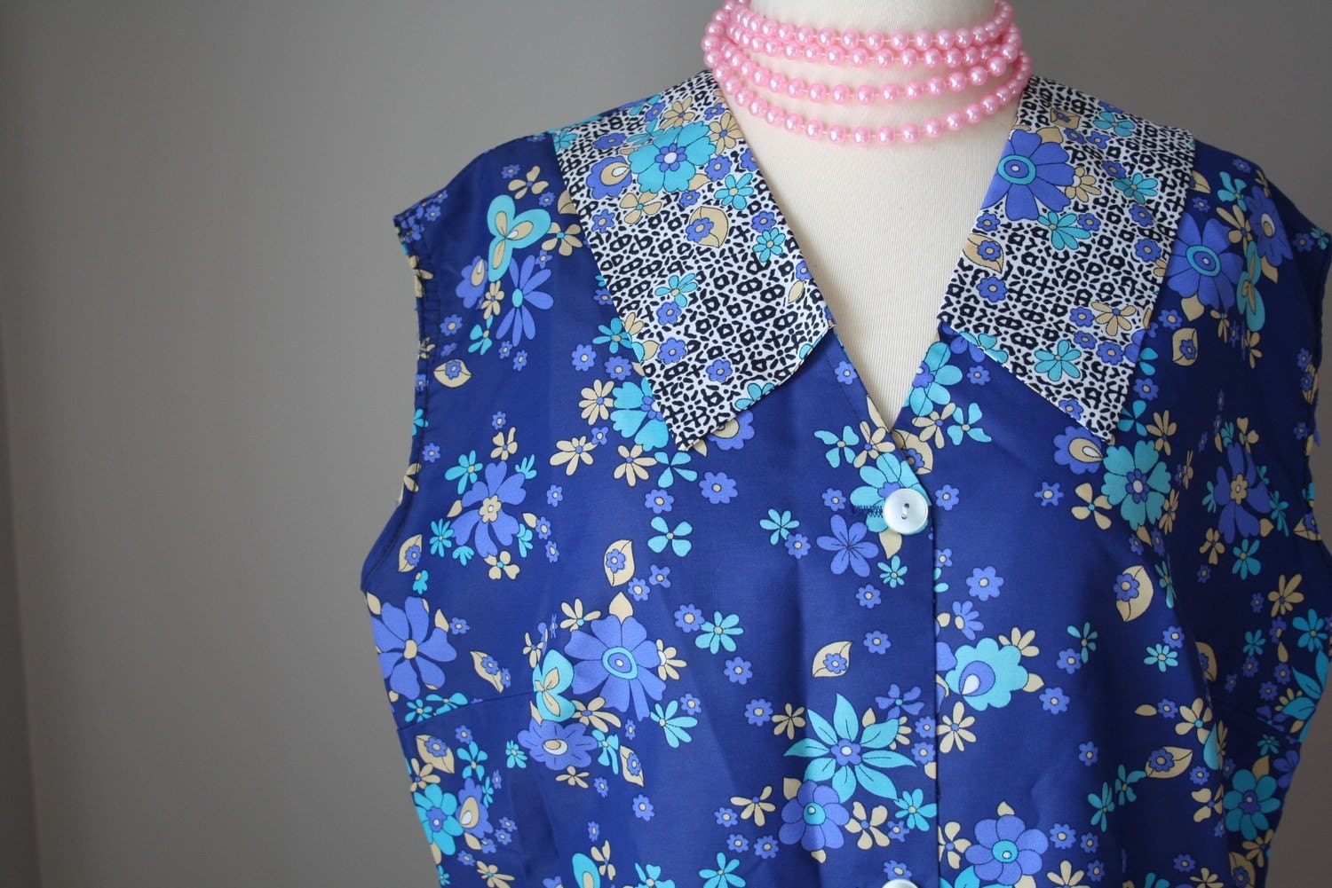 plus size mini dress 60s / blue floral sleeveless shift size xl