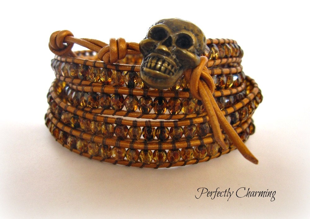 Chan Luu Style Leather 5 Wrap Bracelet "Brown Sugar Cinnamon" Czech Picasso Beads on Indian Sun Leather