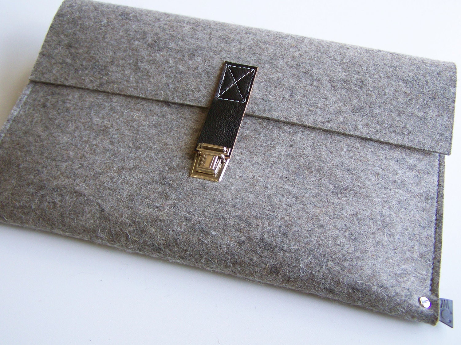 15 inch Macbook Pro Sleeve - Grey Wool Felt and Dark Brown Leather