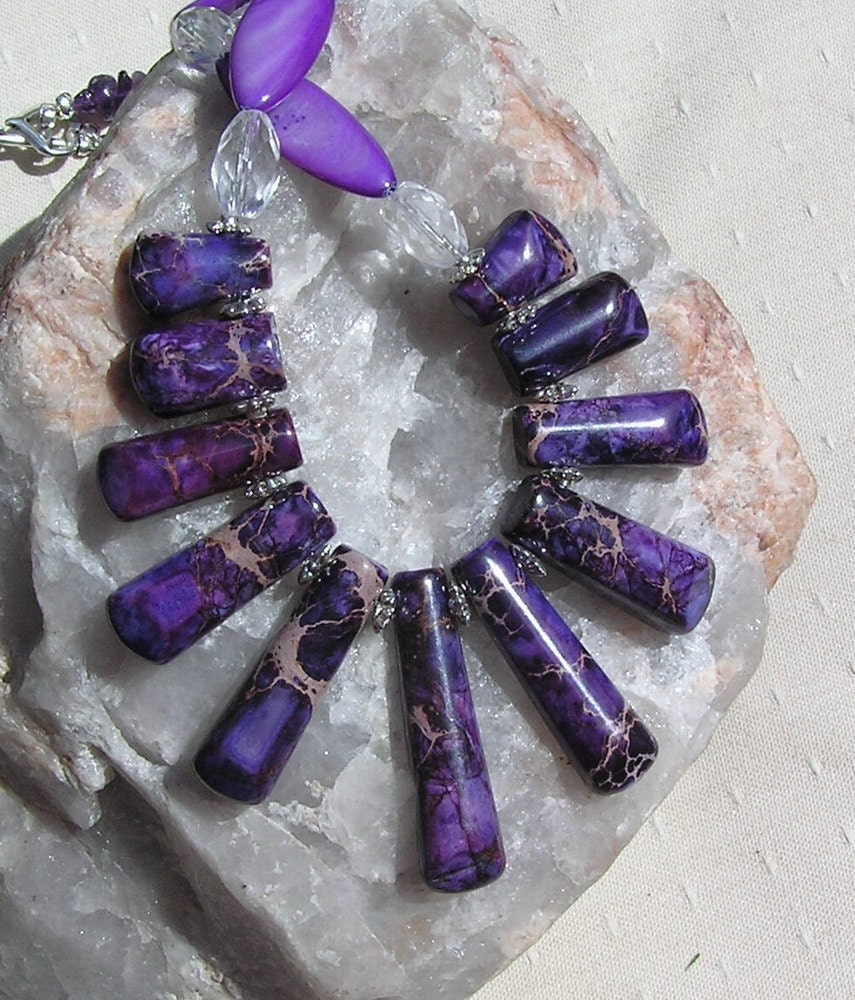 Jasper, Amethyst & Quartz Crystal Gemstone Statement Fan Necklace - "Wild Iris"