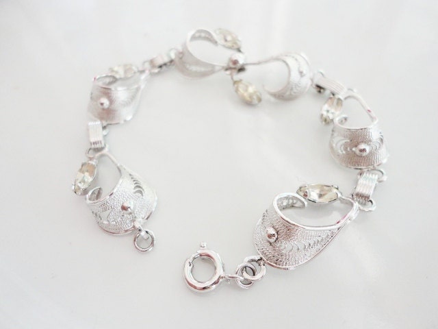 Vintage Sterling Silver EXPO bracelet  filigree and rhinestones