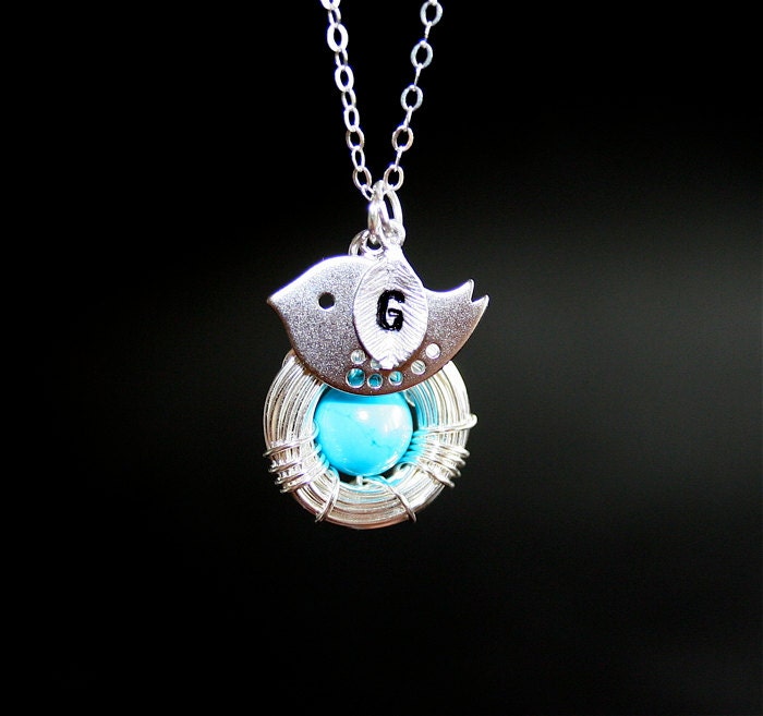 Personalized necklace, Bird and Nest Necklace, One Custom Initial, Great gift - Turquoise Egg and Bird, Sterling Silver chain available