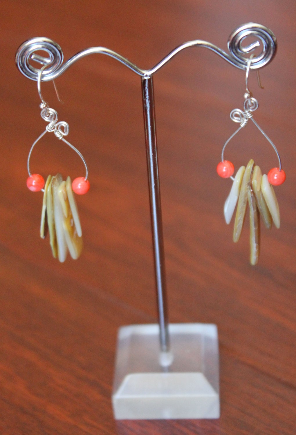 Mother of Pearl and Coral Scroll Earrings