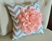 Light Pink Dahlia on Gray and White Zigzag Pillow -Decorative Chevron Pillow-