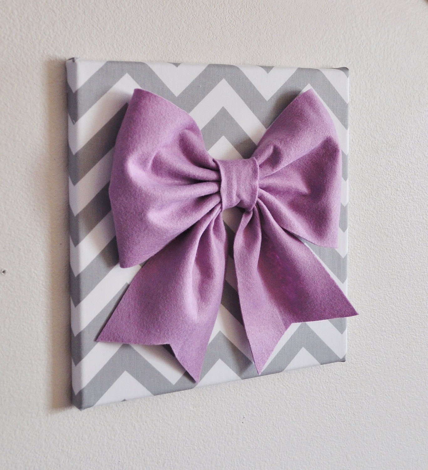 Baby Nursery Wall Decor -Large Lilac Bow on Gray and White Chevron 12 x12" Canvas Wall Art Zig Zag