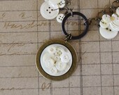 vintage button necklace // white vintage buttons & button collage // computer hard drive platter spacer // bernice necklace
