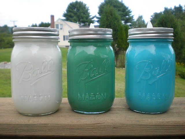 Set of 3 Mason Jar Tea Light Candle Holders in Blue, Soft Teal and White