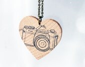Camera print hand stamped wooden necklace