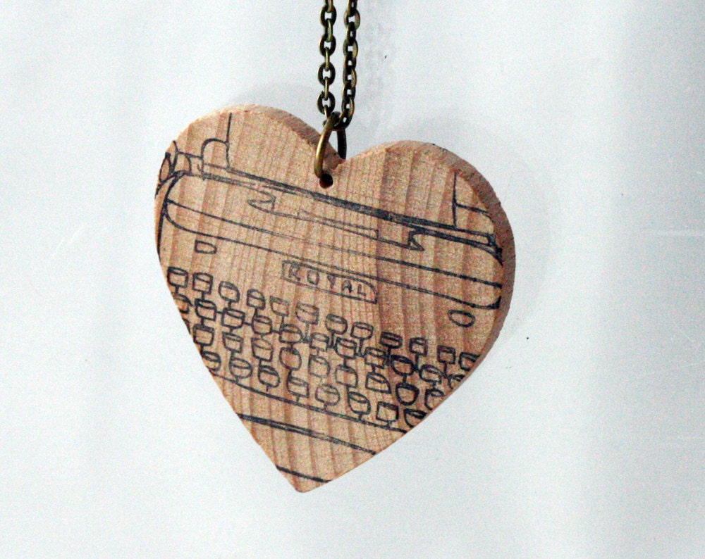 Typewriter print hand stamped wooden necklace