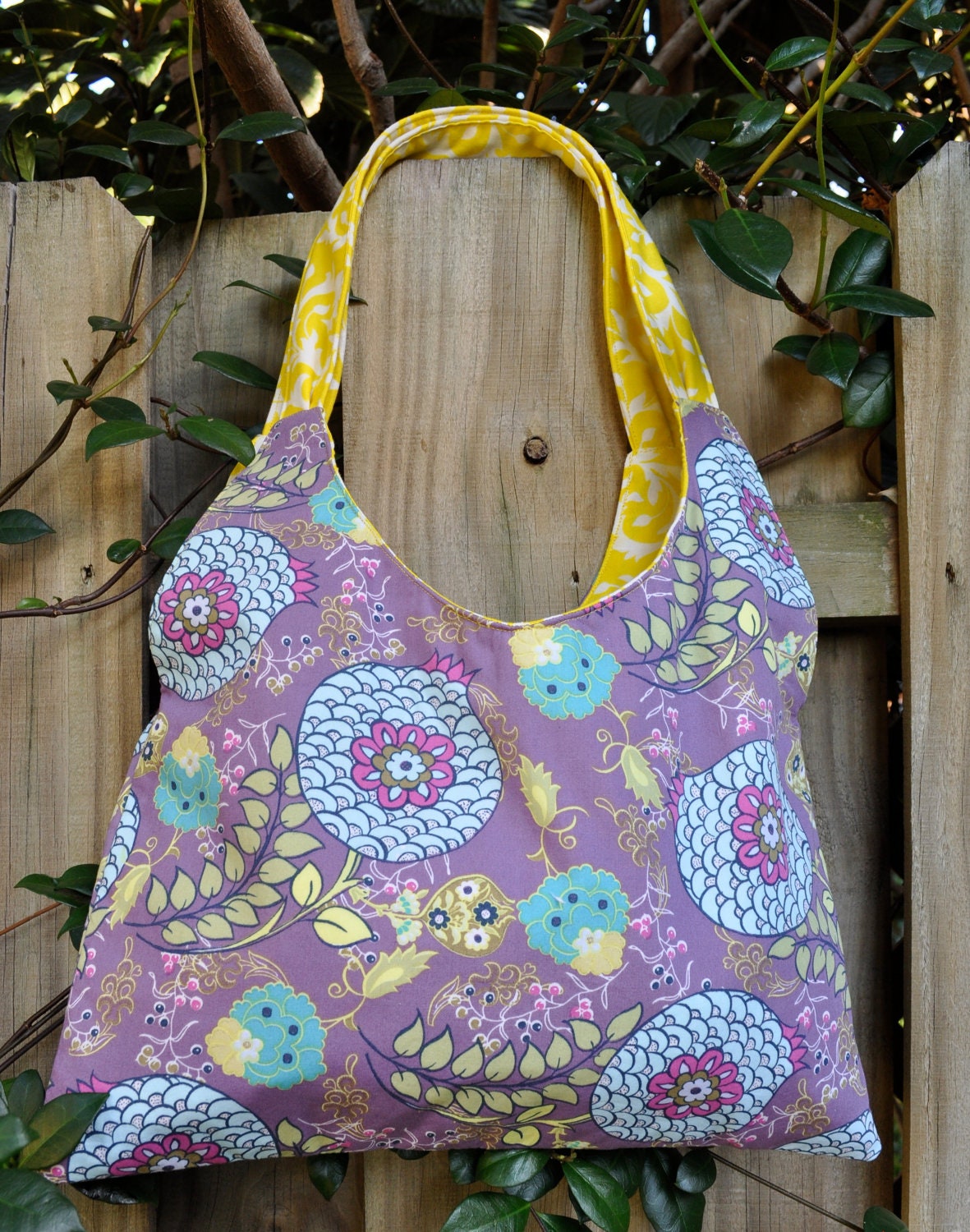 Reversible Purple and Yellow Hobo Style Handbag