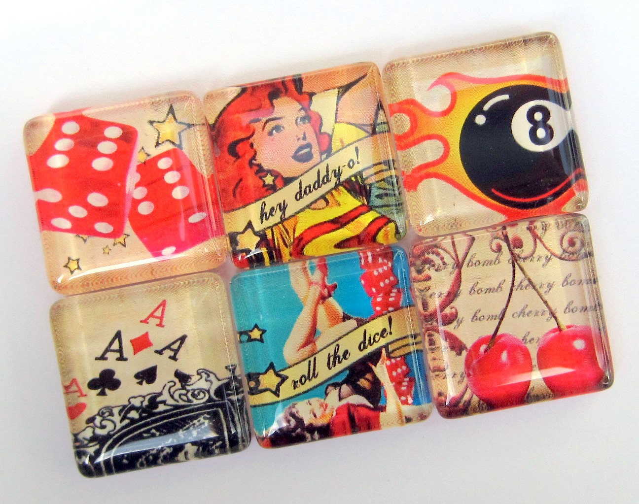 Rockabilly Magnets - Set of Six Glass Magnets - 1 Inch Square