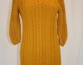 Gold Sweater Mini Dress Tunic Pumpkin Fall Autumn Cable Stitch Handmade Vintage Retro 1960s Ochre  Knit
