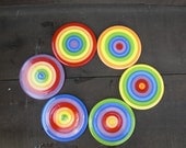 Set of Six Rainbow Stripes or Circles Ceramic Tile Coaster Set with Cork Backs