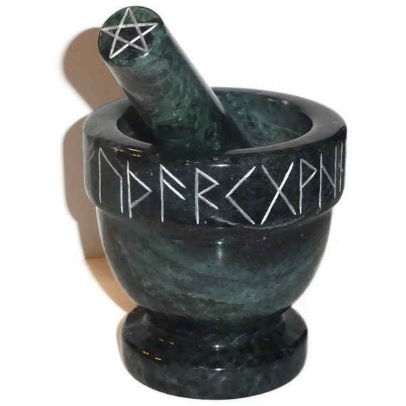 Dark Green Marble Mortar and Pestle Hand Carved