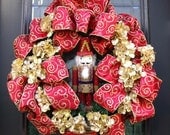 Hydrangea Christmas Wreath, Nutcracker Wreath, Front Door Wreath Christmas, Red and Gold