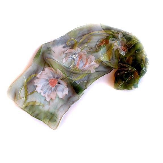 Hand Painted Silk Chiffon Long Scarf, Beautiful Daisies, Daisy Flowers, Green Bacground