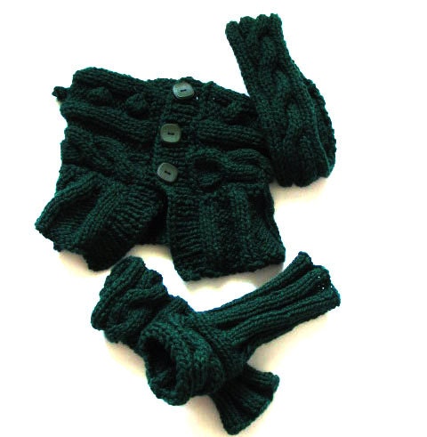 Hand Knitted Set of Dark Green Neck warmer, Head Warmer and Fingerless Pulse Warmer Emerald Green Autumn Winter MADE TO ORDER
