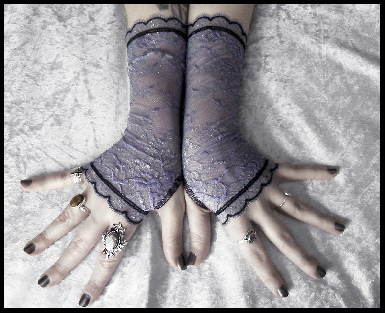 Lumenn Lace Fingerless Gloves - Dusky Purple Lavender Floral Pale Gold Highlight - Black - Gothic Vampire Tribal Bellydance Goth Fetish