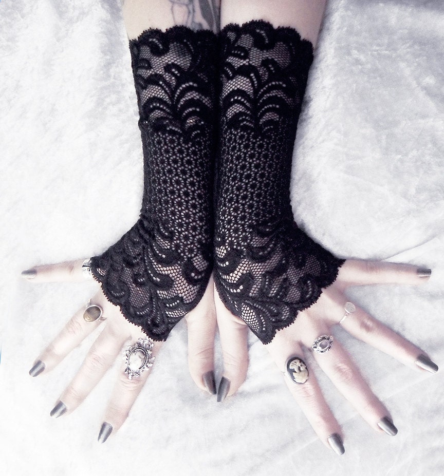 Allegory Long Lace Fingerless Gloves - Black Floral Scroll - Gothic Vampire Wedding Fetish Dark Tribal Bellydance Burlesque Goth Bridal Mori