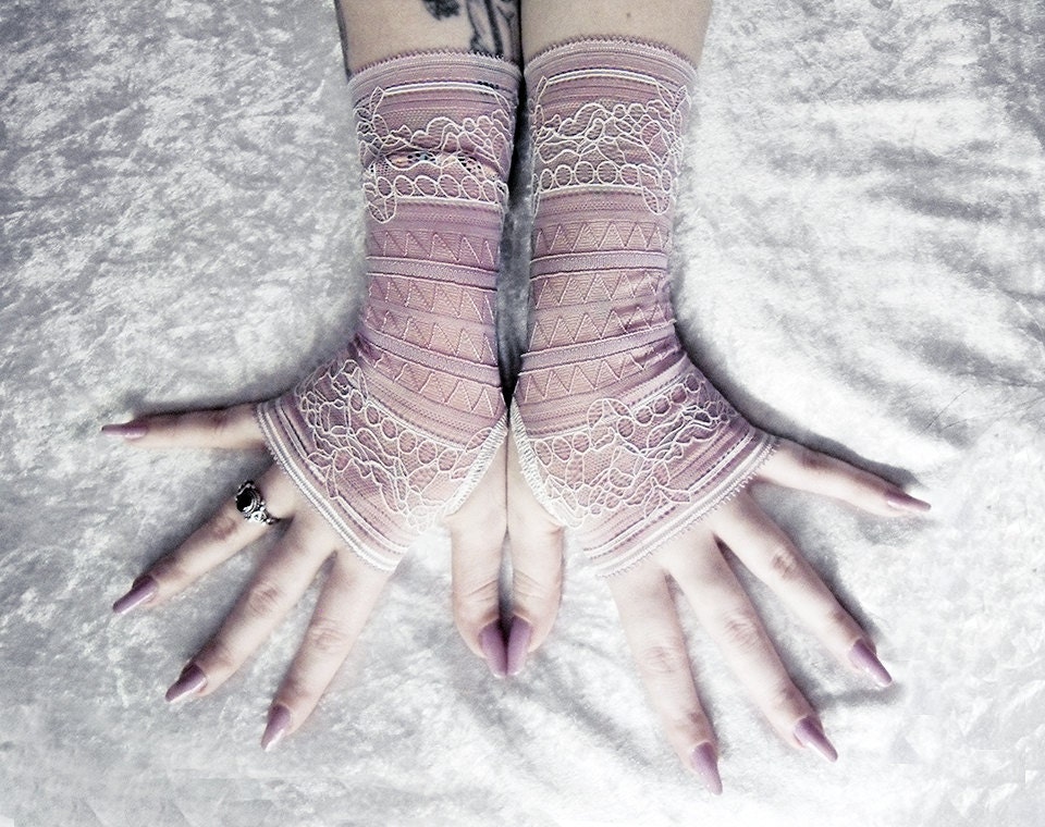 Cadence Lace Fingerless Gloves - Mauve Putty Antique Rose French Floral - Wedding Gothic Regency Tribal Nude Austen Bridal Neutral Deco Mori