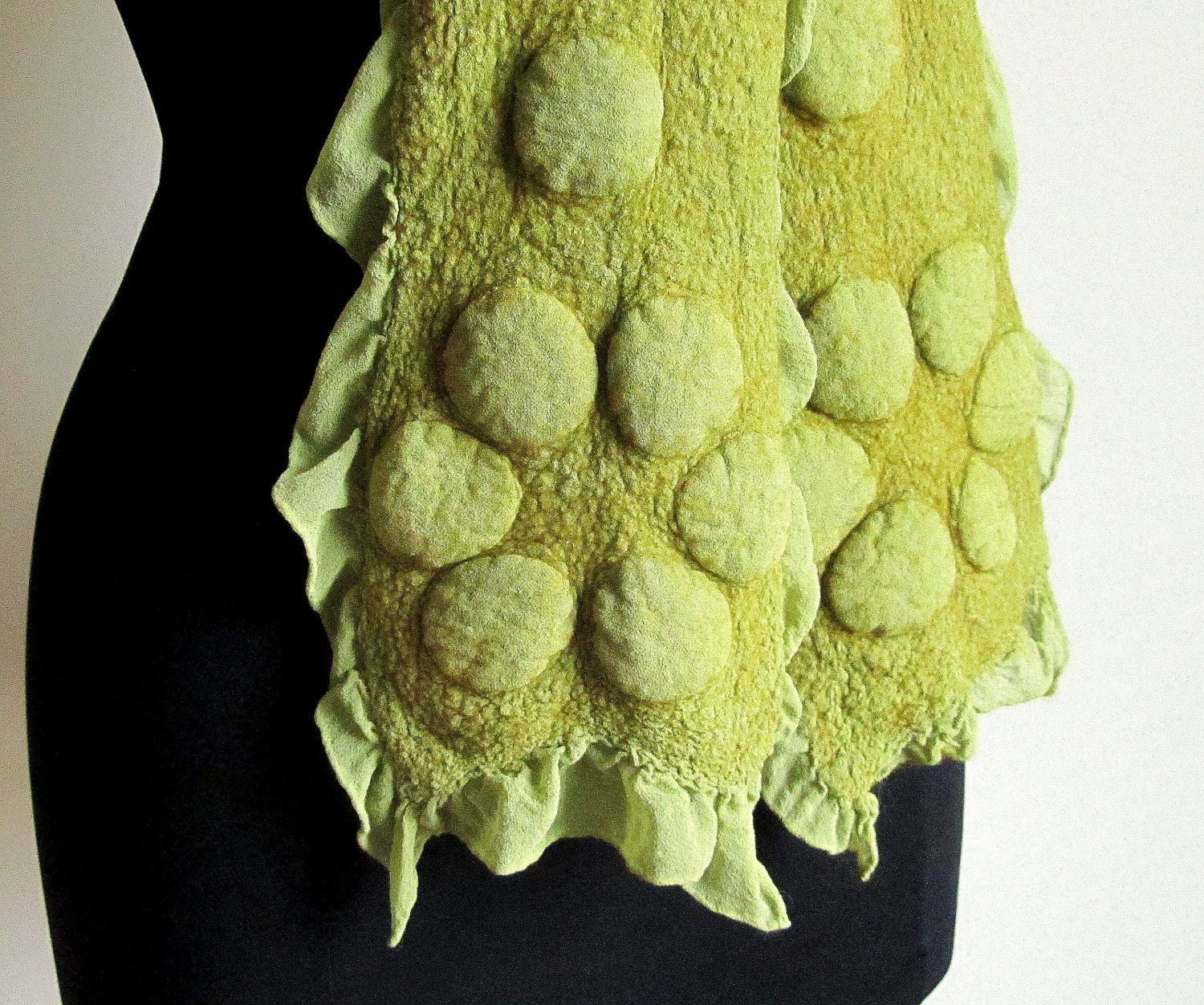 Scarf. Nuno Felt Scarf. Felted Scarf. Hand Dyed Olive Green Scarf. Handmade Merino Wool and Silk Chiffon Scarf.