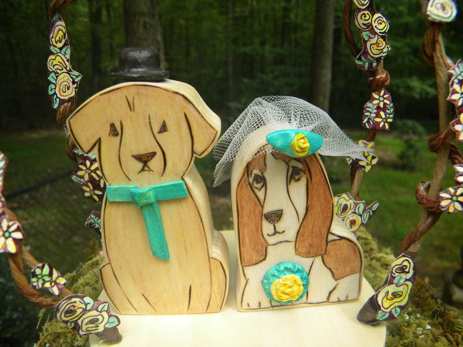 Personalized Dog Wedding Cake Topper  Custom Animal Cake Toppers Handmade Basset, Lab, Any Pet with floral Arch