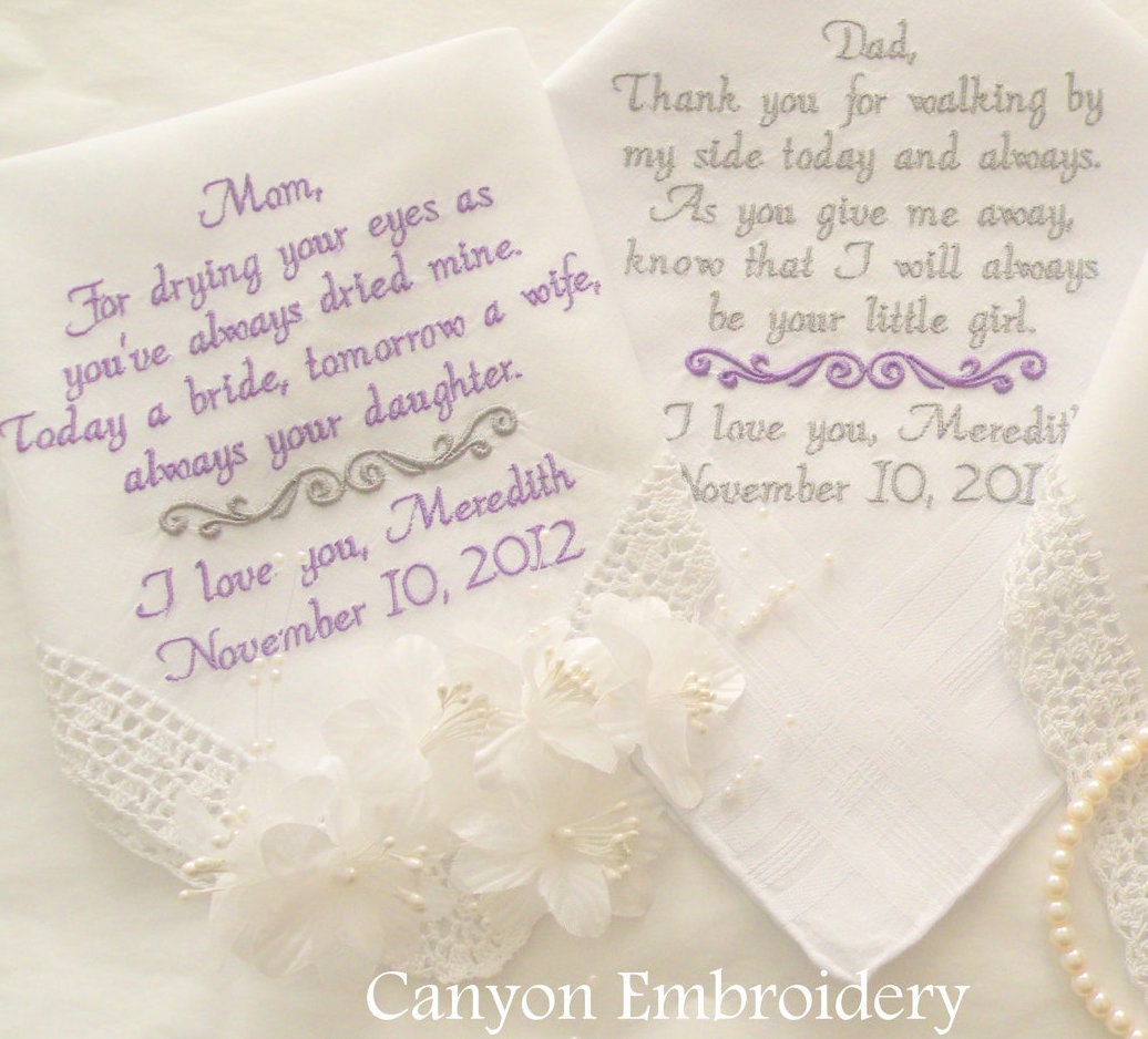 Two Personalized Embroidered Handkerchief SAYING THANKS Wedding Mother & Mother In-Law Hankie Sayings Gifts By Canyon Embroidery on ETSY